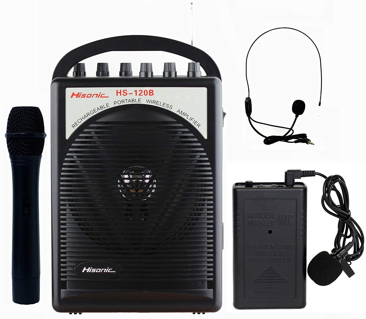 Hisonic HS120B Lithium Battery Rechargeable & Portable PA (Public Address) System with Built-in VHF Wireless Microphone, Car Cigarette Lighter Cable, Carrying Bag,1 Hand Held +1 Body Pack Hisonic HS120B Lithium Battery Rechargeable & Portable PA (Public Address) System with Built-in VHF Wireless Microphone, Car Cigarette Lighter Cable, Carrying Bag,1 Hand Held +1 Body Pack