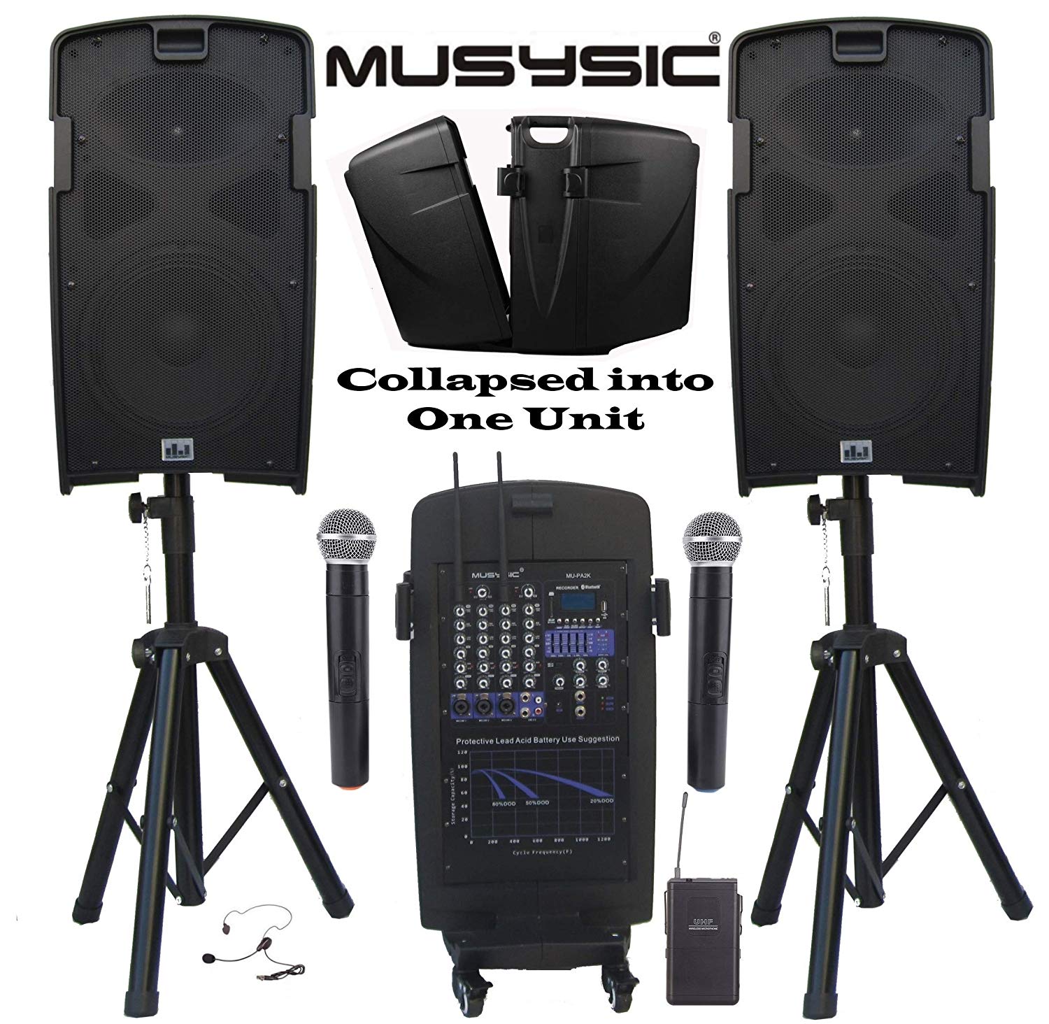 MUSYSIC M-Port PA2K 2000W Portable PA System 2x10 Speakers Dual UHF Wireless Mic Rechargeable Battery Bluetooth MUSYSIC M-Port PA2K 2000W Portable PA System 2x10" Speakers Dual UHF Wireless Mic Rechargeable Battery Bluetooth