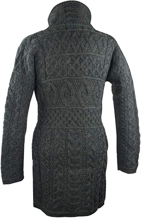 100% Irish Merino Wool Double Collar Aran Knit Coat by West End Knitwear