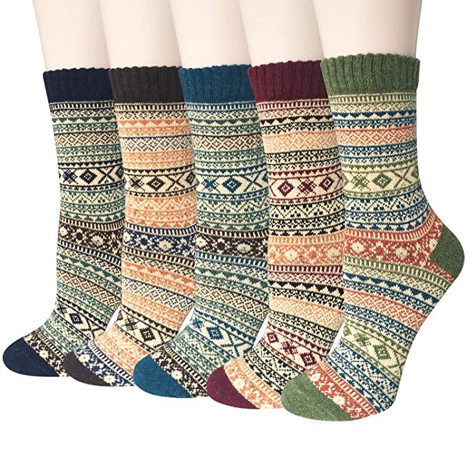 5 Pack Women's Wool Socks Winter Warm Vintage Thick Knit Wool Cozy Crew Socks Gifts.