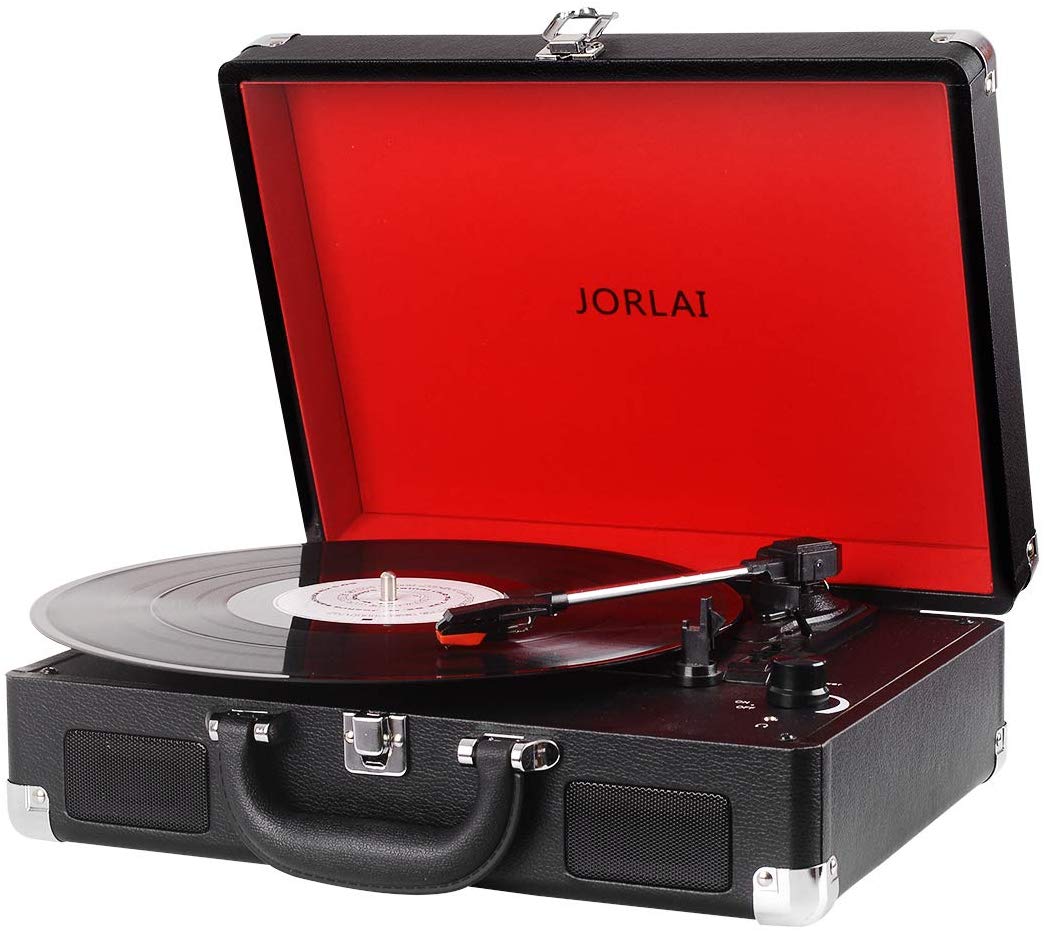 Vinyl Record Player JORLAI Turntable, 3 Speed Bluetooth Record Player Suitcase