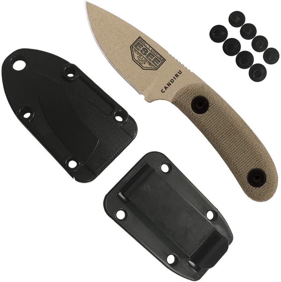 ESEE Knives Candiru Desert Tan w/Handle, Molded Polymer Sheath, and Clip Plate. ESEE Knives Candiru Desert Tan w/Handle, Molded Polymer Sheath, and Clip Plate.
