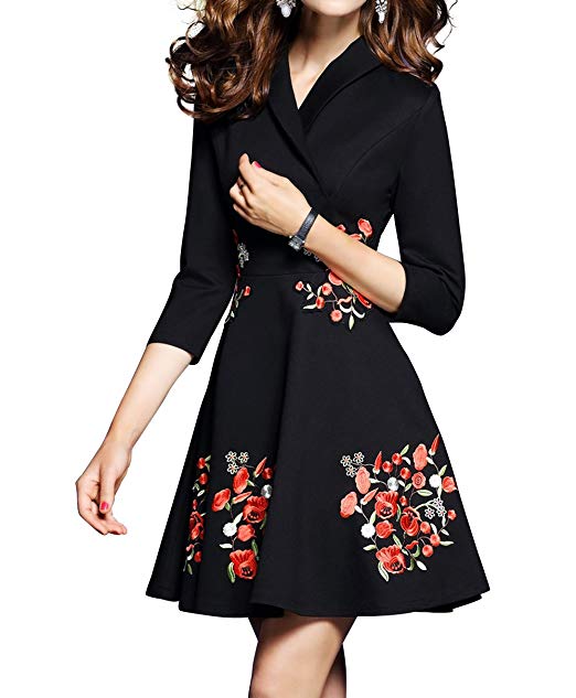 Women's Premium V Neck Embroidered Floral Cocktail Dress