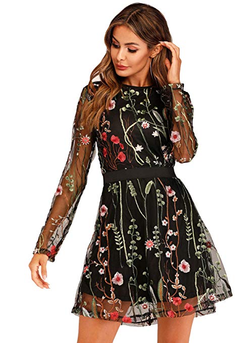 Milumia Women's Round Neck Floral Embroidered Mesh Long Sleeve Dress