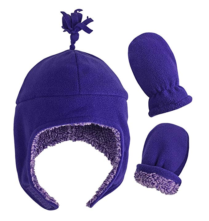 N'ice Caps Little Girls, and Baby Sherpa Lined Warm Fleece Pilot Hat Mitten Set