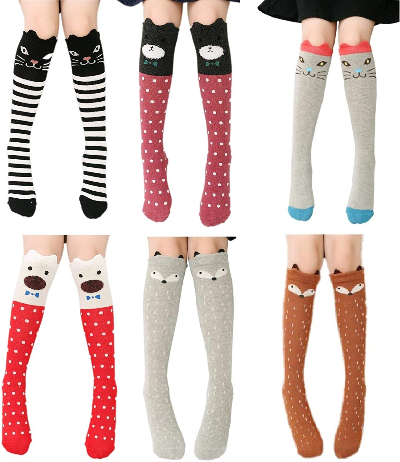CISMARK Cartoon Animal Cat Bear Fox Cotton Over Calf Knee High Socks 6PCS CISMARK Cartoon Animal Cat Bear Fox Cotton Over Calf Knee High Socks 6PCS