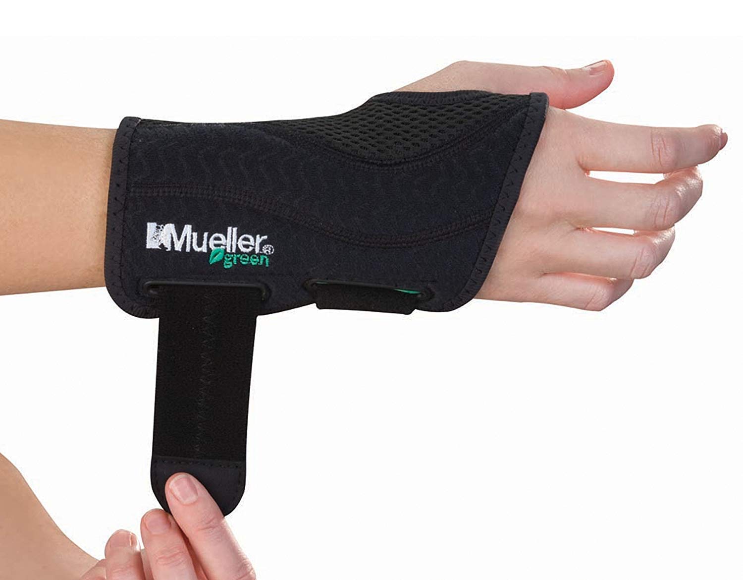 Mueller Green Fitted Wrist Brace, Black, Right Hand