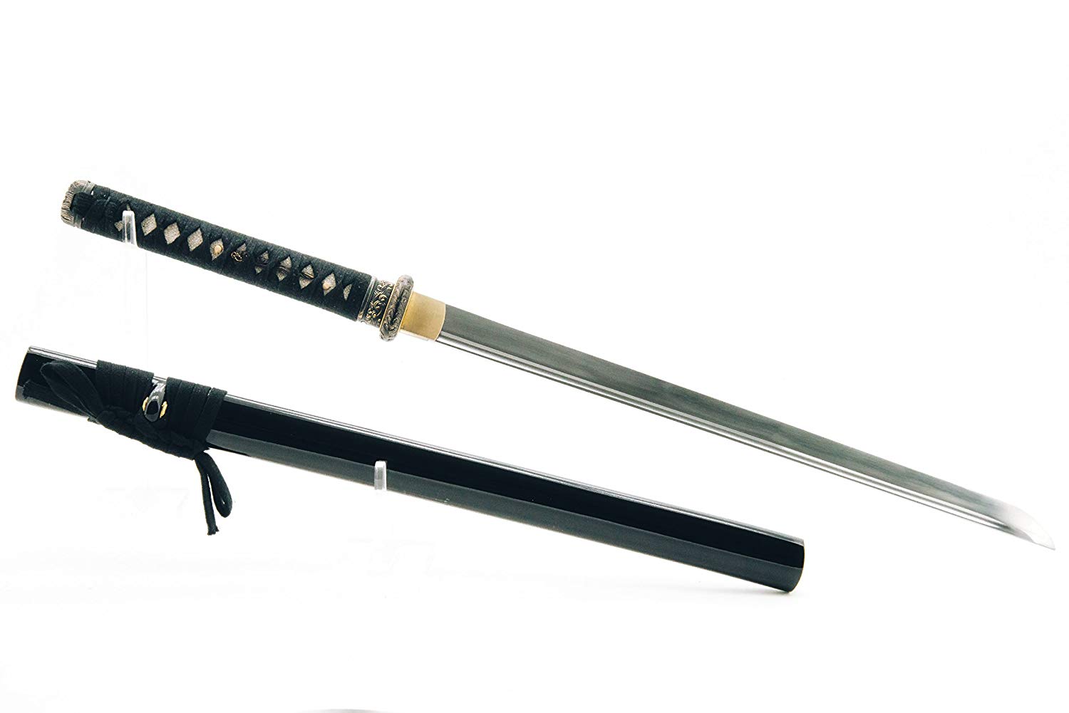 Handmade Sword - Samurai Wakizashi Swords, Functional, Hand Forged, 1045 Carbon Steel, Heat Tempered, Full Tang, Sharp, Wave Tsuba, Black Wooden Scabbard. Handmade Sword - Samurai Wakizashi Swords, Functional, Hand Forged, 1045 Carbon Steel, Heat Tempered, Full Tang, Sharp, Wave Tsuba, Black Wooden Scabbard.