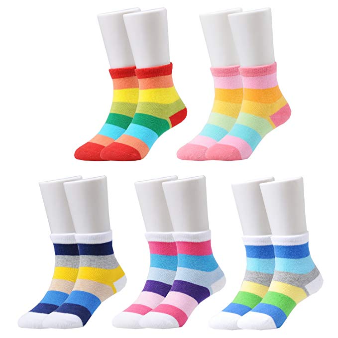 Epeius Kids Girls’ 5 Pack Seamless Rainbow Stripes Crew Socks