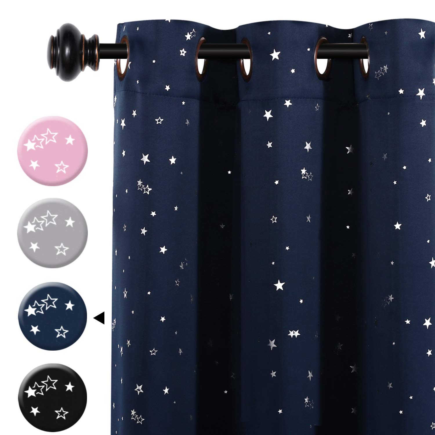 H.VERSAILTEX 100% Blackout Curtain Thermal Insulated Navy Stars Kids Room Curtain Panels Antique Grommet Window Treatments for Short Window