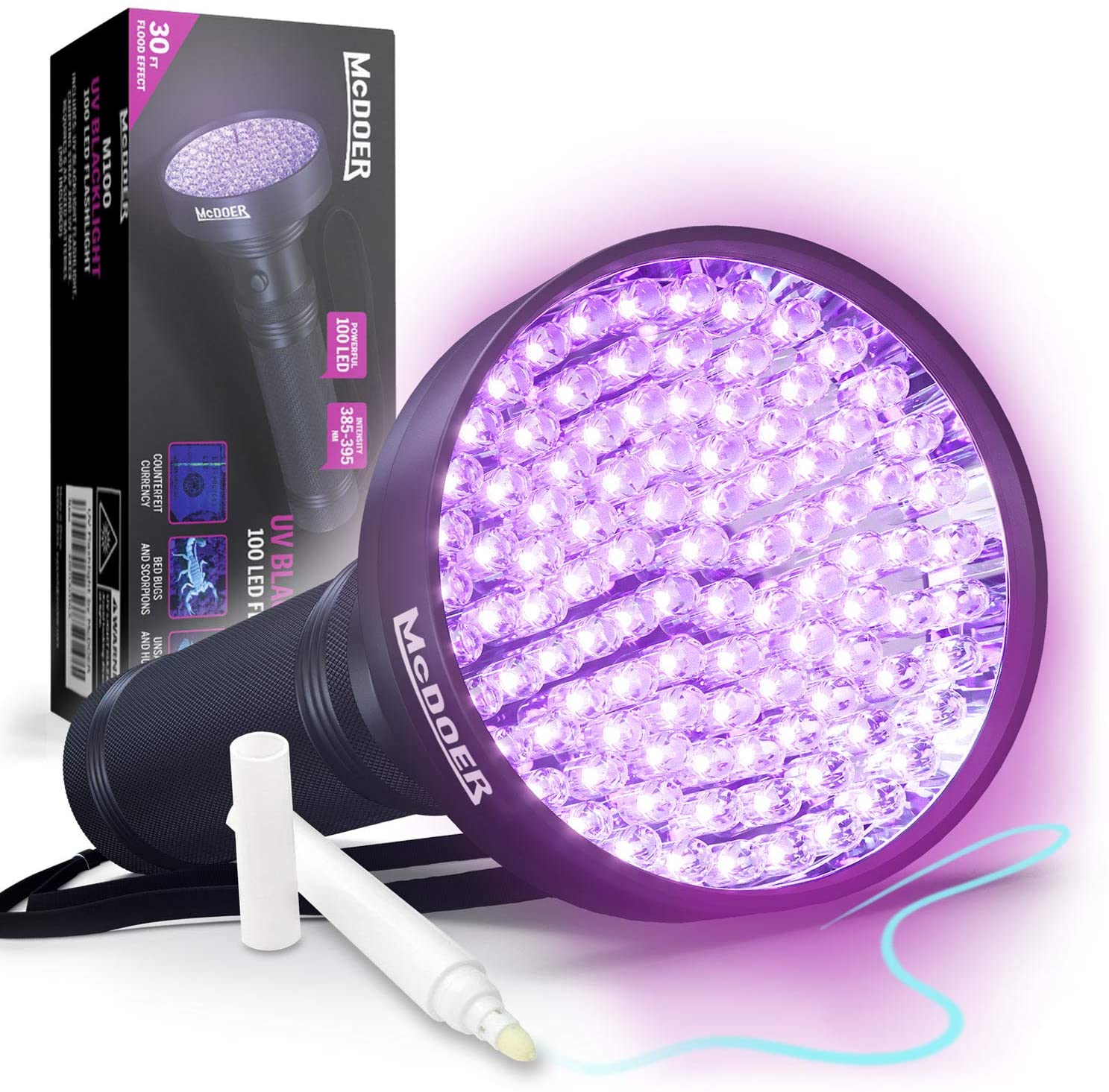McDOER Blacklight Flashlight UV 100 LED with Ultraviolet Ink Marker for Urine Detection, Finding Scorpions, and Dog & Cat Pee - 18 Watt, 385-395nm