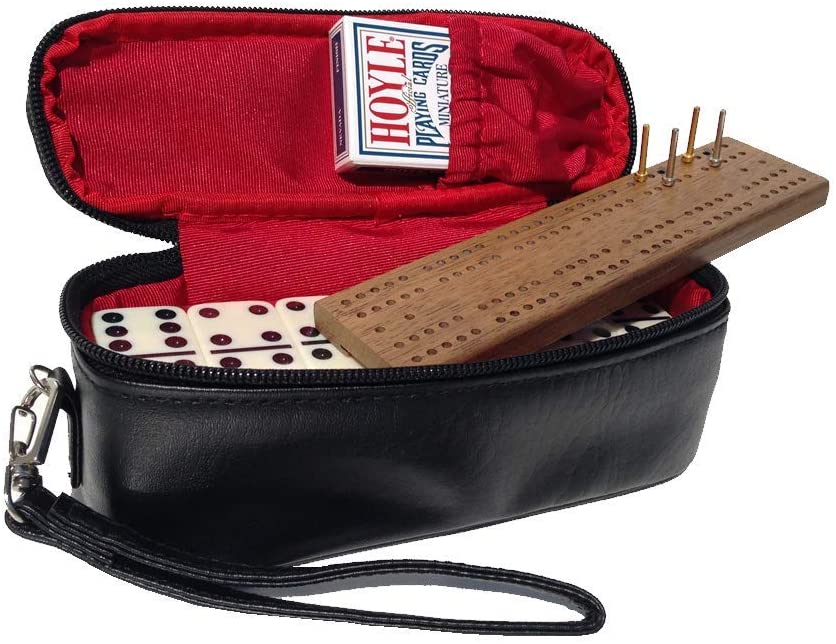 Alex Cramer #300 The Perfect Traveler Classic Domino Set with Leather-Look Deck of Miniature Playing Cards - 28 Indestructible Double-Six Dominoes (Domino Set with Personalized Brass Plate).