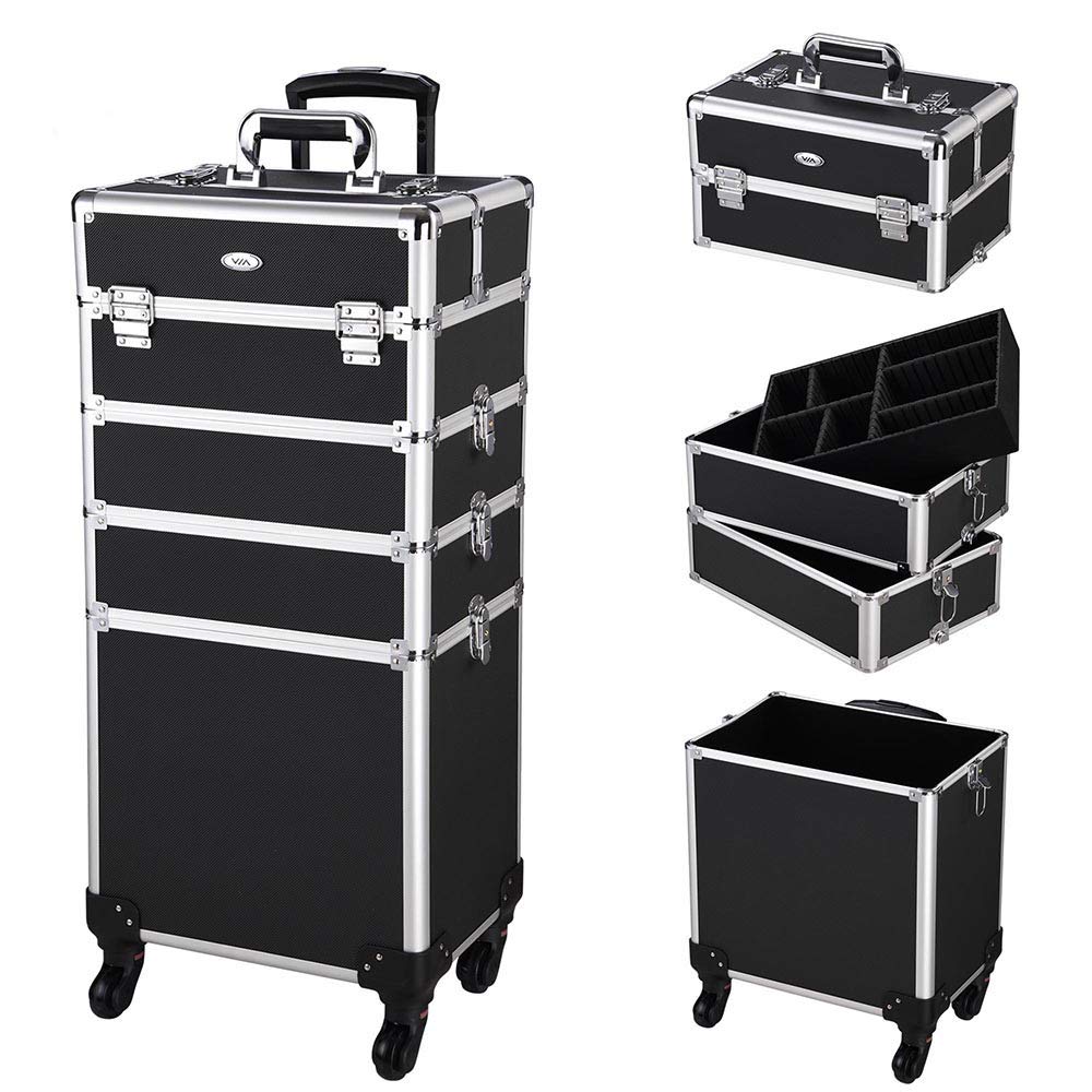 AW Classic Black Rolling Makeup Case 4in1 Cosmetic Lockable Trolley Freelance Makeup Artist Travel Train Case Storage