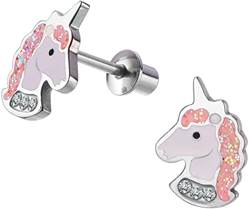 Unicorn Stud Earrings Pink Purple with Secure Screwback for Kids, Toddlers, Little Girls, Baby Girls, Stainless Steel Screw Back Post Earrings