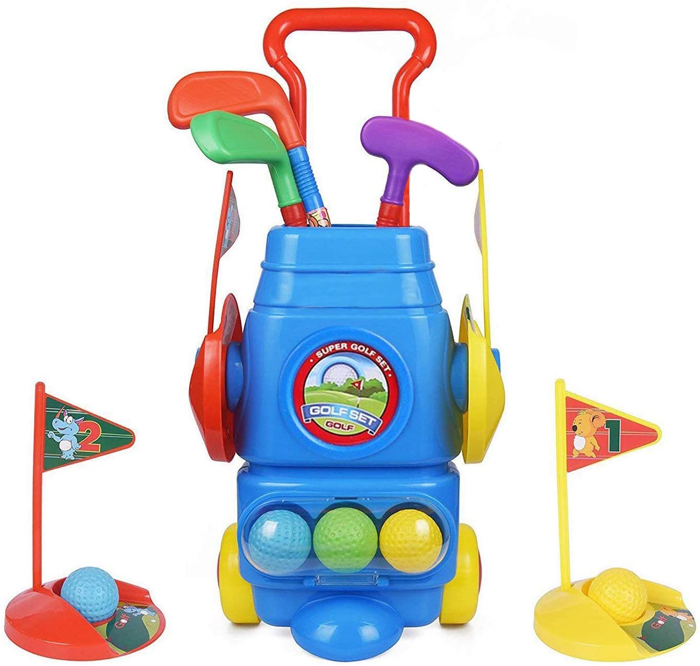 ToyVelt Kids Golf Club Set – Golf CartWith Wheels, 3 Colorful Golf Sticks, 3 Balls & 2 Practice Holes – Fun Young Golfer Sports Toy Kit for Boys &Girls – Promotes Physical & Mental Development.