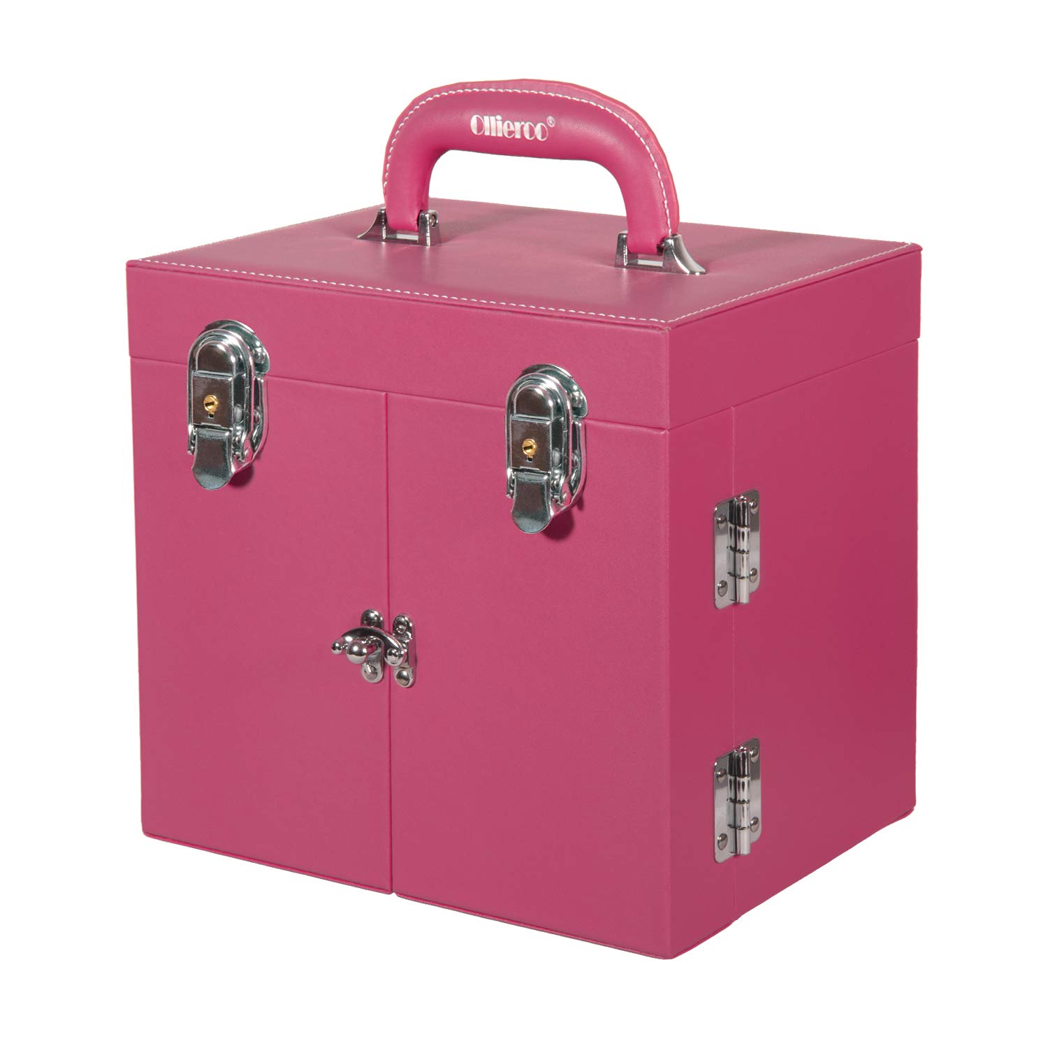 Ollieroo Makeup Train Case Organizer with Adjustable Dividers, 9.8" Portable Makeup Case, Lockable PU Cosmetic Train Case Makeup Storage Organizer Box with makeup Brush Holder Mirror and Keys, Rose Pink