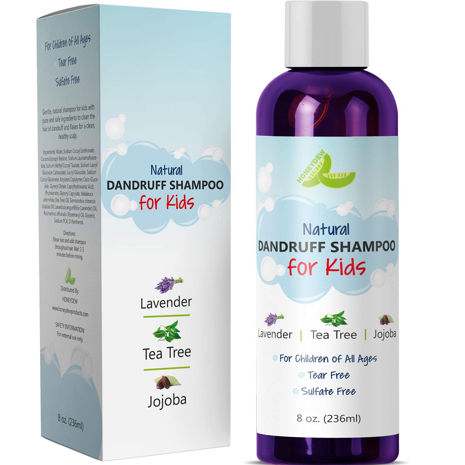 Anti Dandruff Shampoo for Kids – Best Tear Free Natural Children's Scalp Treatment with Lavender & Tea Tree + Jojoba – Sulfate Free for All Ages (8oz)