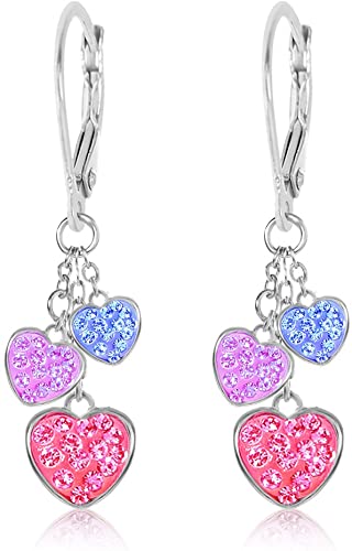 Kids Earrings – White Gold-Tone Hearts Pink Crystal Earrings with Silver Leverbacks Baby, Girls, and Children