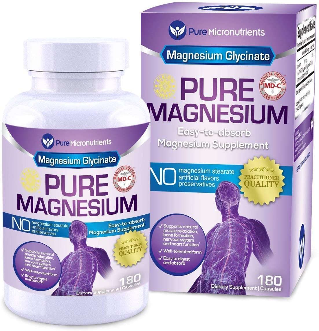 Pure Micronutrients Magnesium Glycinate Supplement (Chelated) 200mg, 180 Count