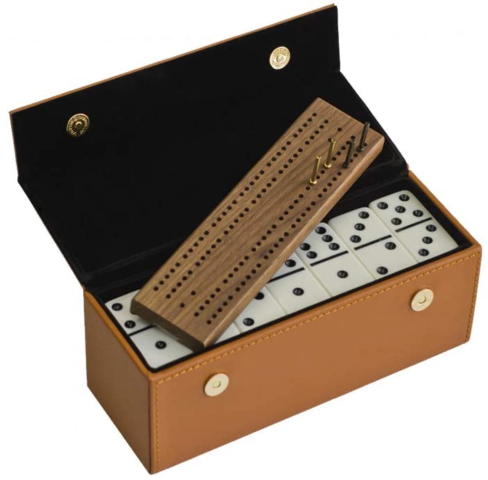 Alex Cramer Travel Domino Set with Caramel-coloured Leather Case.