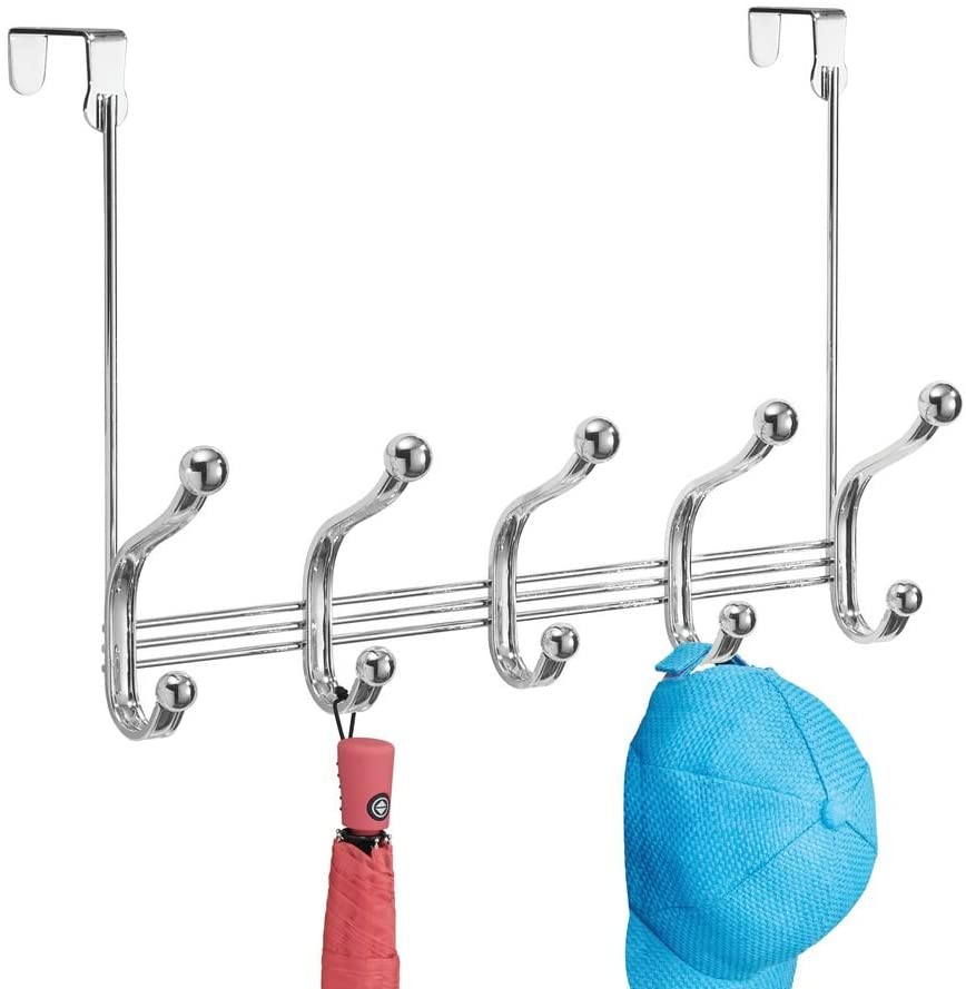 iDesign York Metal Over the Door Organizer, 5-Hook Rack for Coats, Hats, Robes, Towels, Jackets, Purses, Bedroom, Closet, and Bathroom, 15.28" x 5.25" x 11", Chrome